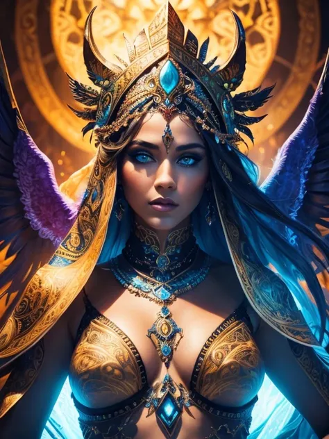 A beautiful detailed woman with striking blue eyes, sharp features, elaborate headdress, ornate jewelry, intricate body tattoos, surrounded by mythological creatures, fantasy landscape, glowing energy field, vivid colors, dramatic lighting, masterpiece, ph...