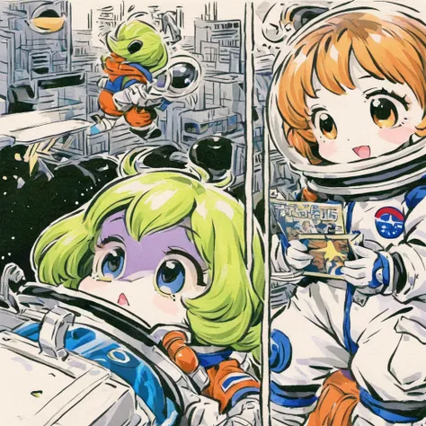 astronauts meet aliens、bad and cute art、vintage comic book