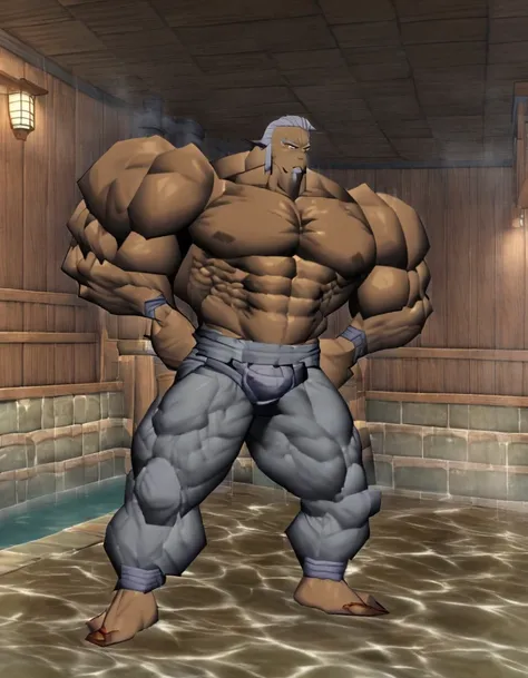 The old giant stood in the sauna wearing nail pants and showed off his muscles with huge abdominal muscles，Oversized breasts，Oversized arms，Oversized back，Oversized legs。