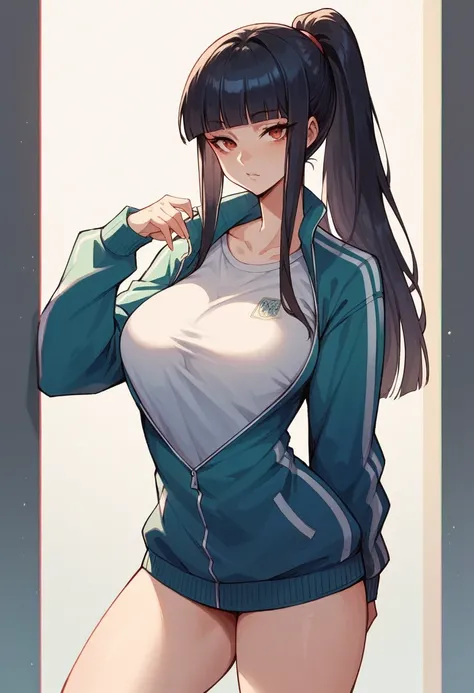 ,(sexy girl, )) ,,nsfw, glamorous, voluptuous,black hime cut,ponytail,stand.looking at viewer,open track jacket,tshirt,