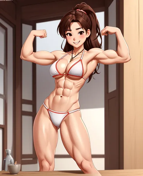 attractive korean woman, ripped muscle, muscular body, small breast, pale skin, smile(blush), bikini, cross pendant, sixpack abs, [ultra detailed skin:1.2], brown hair, messy hair, 8k uhd, pussy, standing, flexing biceps,