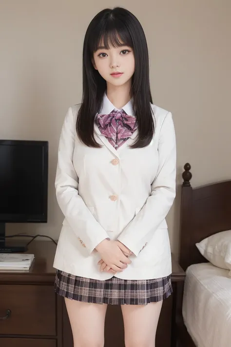 (masterpiece, expensiveest quality:1.2), 8K, Official Art, RAW Photos,(((Close your eyes and watch the peak of pleasure))))、( expensive 、Pleated skirt:1.4), A stunningly beautiful 16-year-old girl, (Pleated skirt:1.1), close, , Short sleeve, No makeup,Brig...