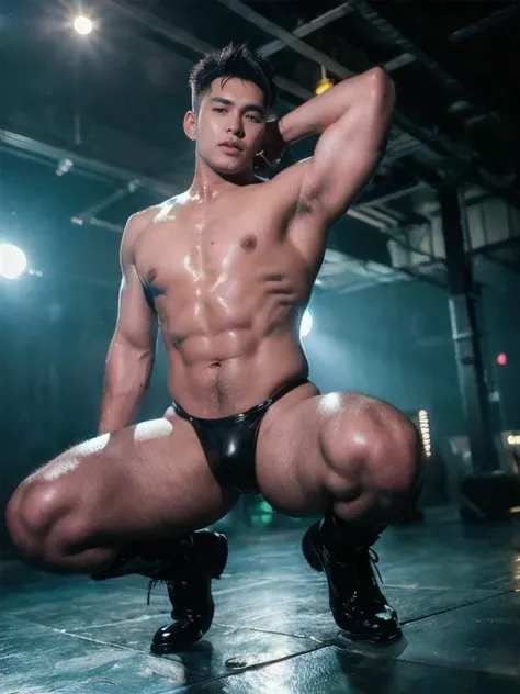 a shirtless go go boy is squatting with his legs opened and spread on the stage, he is raising is arms above his head and trying to seduce the viewer, nightclub bar scene, correct accurate male anatomy, he is masculine and stocky, handsome face, black leat...