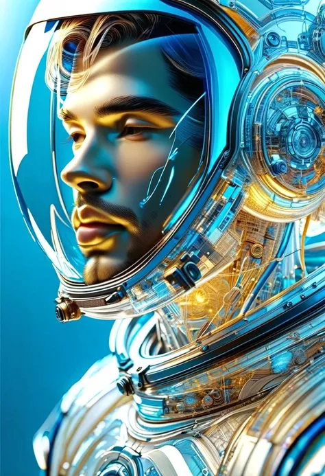  Perfect anatomy of a man wearing an astronaut suit、Close-up of pretty girl wearing transparent helmet astronaut beige hair delicate and beautiful intricate sci-fi digital art illustration edge blue light light and shadow effect movie scene masterpiece, Th...