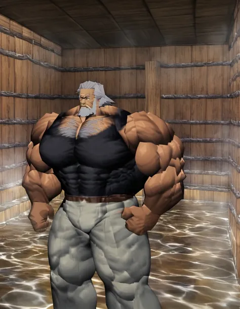 The old man stood in the sauna and showed off his muscles with huge abdominal muscles，Oversized breasts，Oversized arms，Oversized back，Oversized legs。There is chest hair。