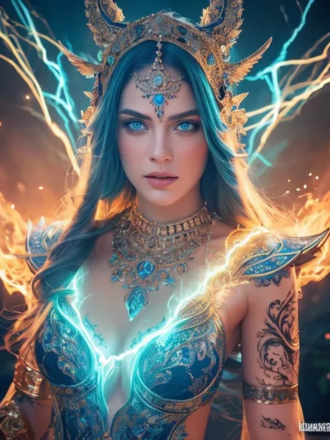 A beautiful detailed woman with striking blue eyes, sharp features, elaborate headdress, ornate jewelry, intricate body tattoos, surrounded by mythological creatures, fantasy landscape, glowing energy field, vivid colors, dramatic lighting, masterpiece, ph...