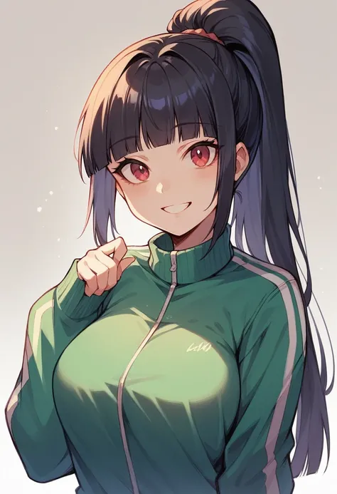 ,(cute girl, )) ,,nsfw, glamorous, voluptuous,black hime cut,ponytail,stand.looking at viewer,open track jacket,tshirt,smiling