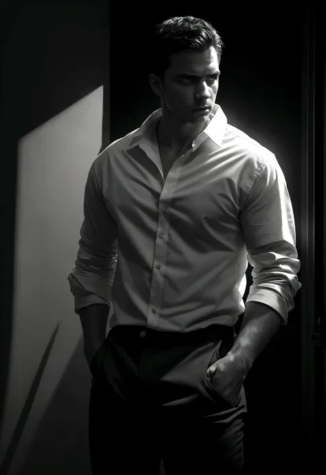 a man wearing a white shirt and black pants, detailed face and eyes, chiaroscuro lighting, moody atmosphere, cinematic lighting, dramatic shadows, high contrast, photorealistic, 8k, best quality, cinematic composition, dramatic lighting, masterpiece, intri...
