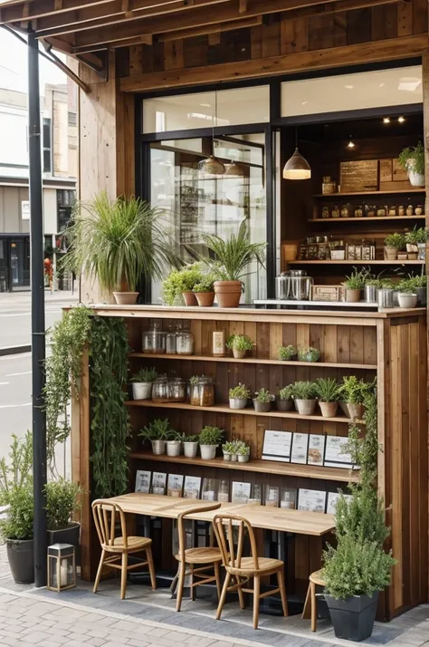 Create a dream cafe from the following description:
Outdoor areaFacade: An inviting facade with large windows, that let in plenty of daylight. The windows could be framed with wooden elements, to create a warm and natural atmosphere.Signage: A stylish, cle...