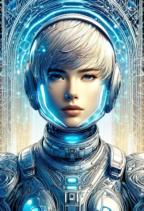  Perfect anatomy of a man wearing an astronaut suit、Close-up of pretty girl wearing transparent helmet astronaut beige hair delicate and beautiful intricate sci-fi digital art illustration edge blue light light and shadow effect movie scene masterpiece, Th...