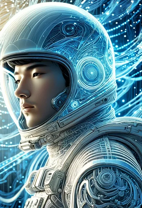 perfect anatomy of a man wearing an astronaut suit、close-up of pretty girl wearing transparent helmet astronaut beige hair delic...