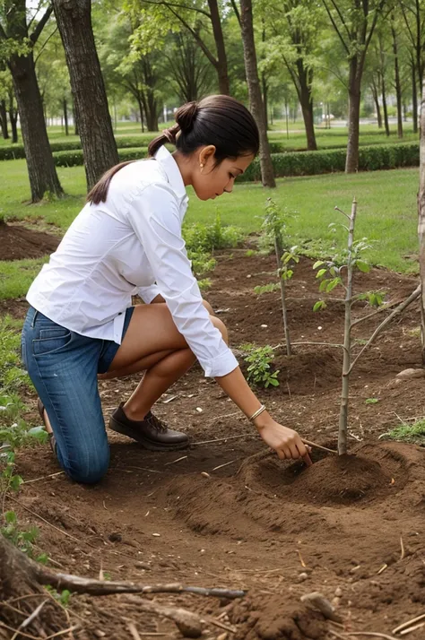 Cute lady planting tree