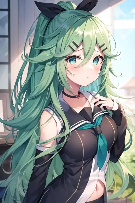 1girl, yamakaze_kantaicollection, green_hair, hair_between_eyes, long_hair, hair_ornament, hairclip, ribbon, hair_ribbon, ponytail, black_ribbon, blush, serafuku, green_eyes, blue_eyes, impasto, (masterpiece), high resolution, 8k, best quality