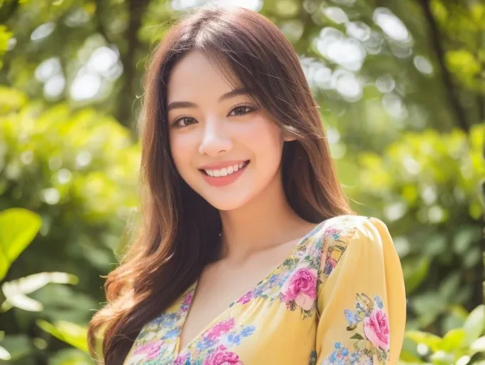 a happy girl with a warm smile, beautiful detailed eyes, beautiful detailed lips, extremely detailed face, longeyelashes, wearing a colorful dress, standing in a lush garden with flowers, sunlight filtering through the trees, (best quality,4k,8k,highres,ma...