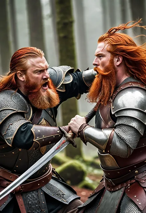 A man with a white, wrinkled beard and armor fighting with a sword against a fat red-haired giant with gray skin, and a waist full of red hair and a head full of red hair 