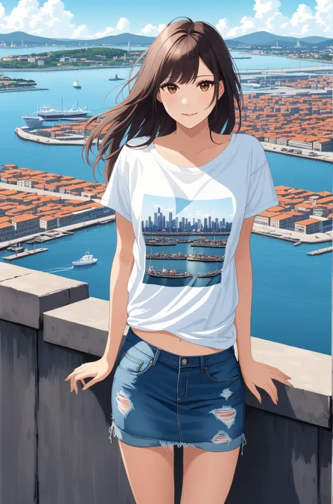 pretty young women, (t-shirt and denim cargo skirt), looking at viewer, port city scenery