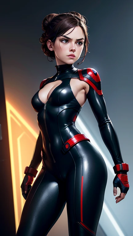 Daisy Ridley, 1 teen girl, tight black widow suit, bright red stripe accent on the side of the suit, full body suit, light cleavage, widow bite gloves, looking at the viewer, Cinema lighting, perfect, soft light, High resolution skin:1.2, Realistic skin te...