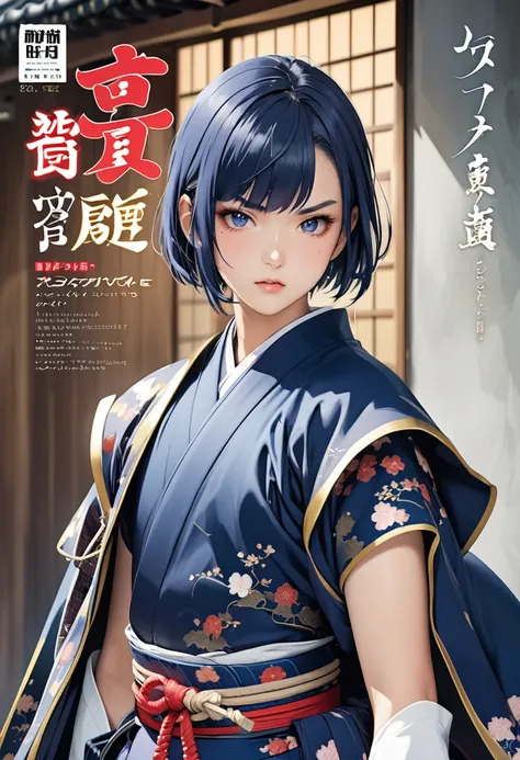 
(fashion magazine gravure:1.3),A gravure photo of a samurai from the Edo period, with a model posing in a samurai costume,(16yo,detailed face,(darkblue wavy-short hair),parallel eyebrows),(masterpiece, best quality:1.1),