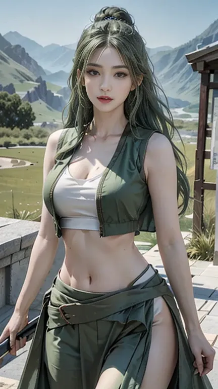 Reality, high resolution, 1 Woman, Solitary, Hips up, View Viewer, (Delicate face), Green Hair, Vest, Jewelry, Battlefield Attire, Green Clothing, Bare belly, Battlefield Search, Battlefield Background, Charming pose,