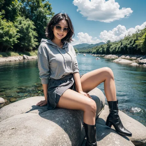 A beautiful Indonesian girl, 25 years old, with short black wavy bob hair, medium bust size, and an apple body shape. She is wearing an oversized hoodie, a short skirt, and boots. She is sitting on a large rock in an elegant pose, smiling, and wearing sung...