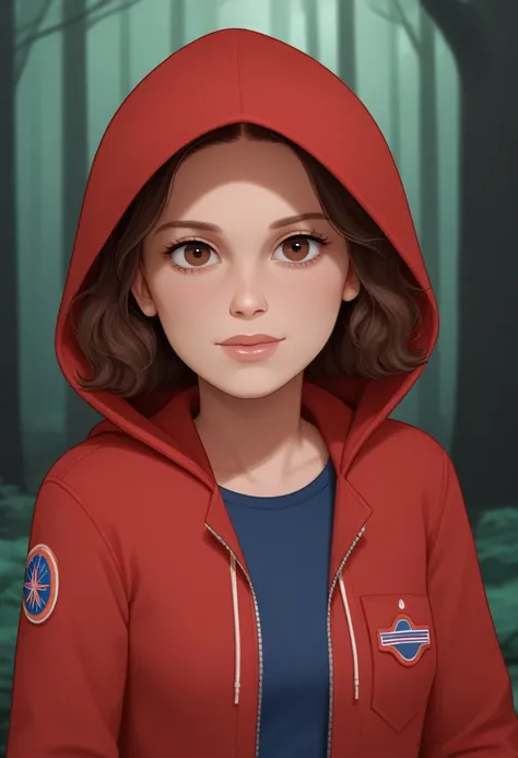 milli3 woman, millie bobby brown, eleven, stranger things, 1 girl wearing red jacket and hood in a dark forest front view,