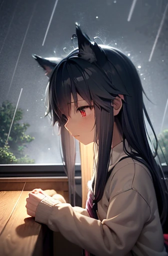 night、Girl listening to music in a cozy room, Use headphones, 2D Style Anime, Rain outside the window、Analog Color Theme、Ghibli style、neon,sweater, close, Detailed Background, Chill, Outside the rain house, Detailed face