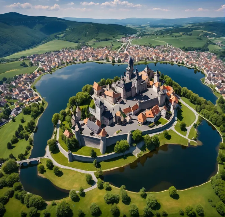 Medieval small town with dark castle in the center of the town with a very small mountain lake photographed from the air, skyline