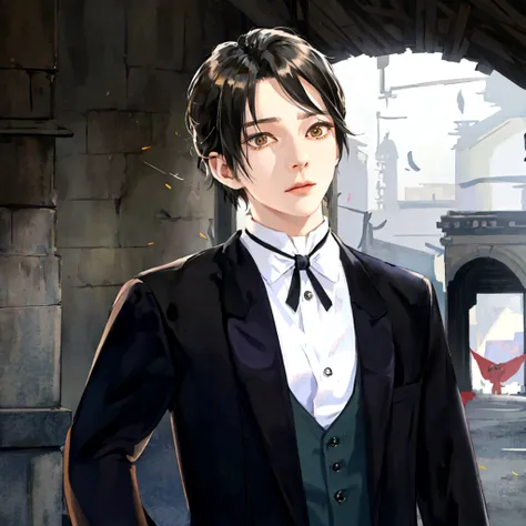 Animated image of a man in a tuxedo standing on the street, A delicate androgynous prince, Inspired by Hisui Sugiura, Beautiful androgynous prince, inspired by Okumura Togyu, Inspired by Hiro Yamagata, inspired by Okumura Masanobu, inspired by Munakata Shi...