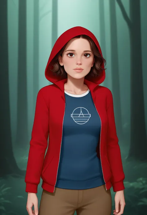 milli3 woman, millie bobby brown, eleven, stranger things, 1 girl wearing red jacket and hood in a dark forest front view,