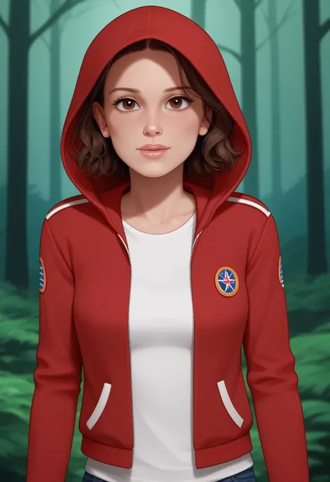 milli3 woman, millie bobby brown, eleven, stranger things, 1 girl wearing red jacket and hood in a dark forest front view,