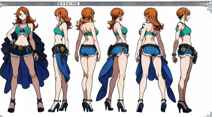 ((Best Quality)), ((Masterpiece)), (((detailed character sheet, frontal view, side view, three quarter view))) white background、one piece、US、whole body、whole bodyイラスト、whole bodyアニメーション、whole bodyリファレンスシート、denim、Tank top、High heels、Swimwear、bikini、original、...