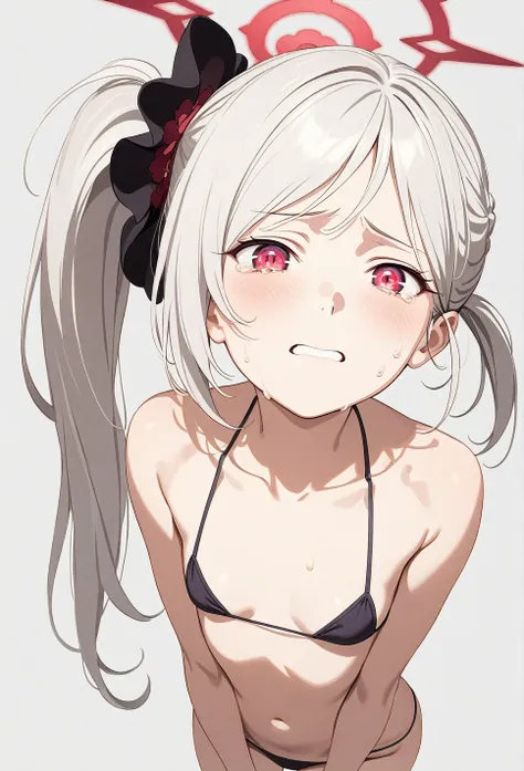 best quality, amazing quality, very aesthetic, absurdres, (1girl, mutsuki, blue archive, solo, red eyes, white hair, side ponytail), (Chiaroscuro:1.5), (realistic face), (cry, sad, lowleg bikini, ), (cowboy shot), (glowing eyes:1.3), (half closed eyes:0.9)...