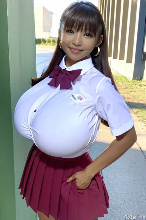 Super huge breasts, ditail lips, pink lips, long hair, cleavage of breasts, beautiful asian girl, gal, shining skin, brown hair, dark skin, tanned skin, brown skin, gigantic breasts, JK , hi-school girl, school student uniform, chest bulge, 1 girl, heavy m...