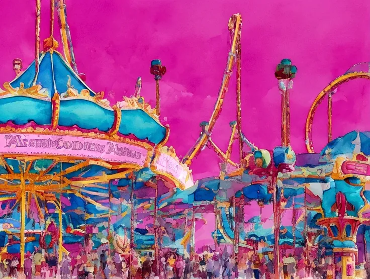 amusement park wallpaper, pink, watercolor style