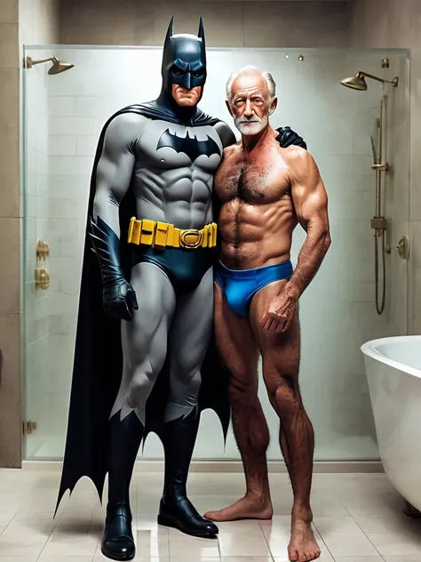 score_9, score_8_up, score_7_up, score_6_up, score_5_up, score_4_up , ,photo realistic,2men,
slim old man Alfred (butler, intelligent, gentlemanly, slim, in his 60s) and young Batman (hairy, muscular,handsome, tall, body covered in scars,30years old) weari...