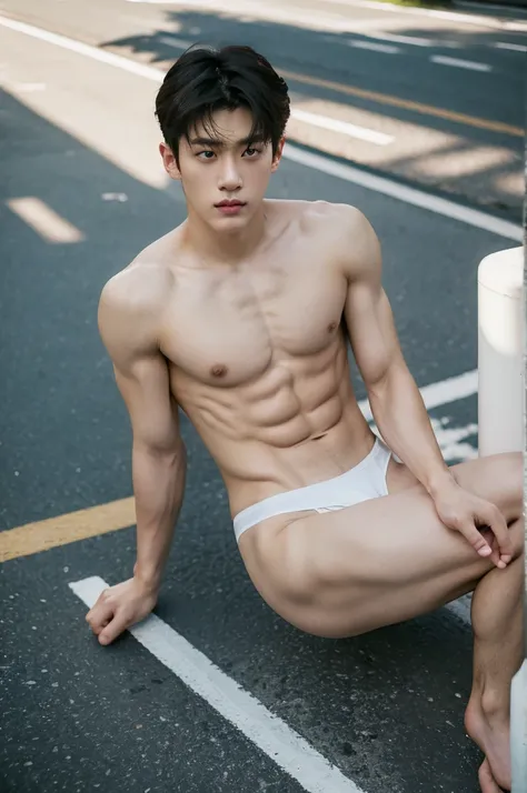 Eine hyperrealistische, 20 year old boy, dark hair, Dark eyebrows, show abs, topless , shirtless, Athletic Body, big bulge, Bang Hair, Serious male, thoughtful, observer, wearing white thong, jockstrap, sunlight, summer, on the Street, sit on floor, stradd...