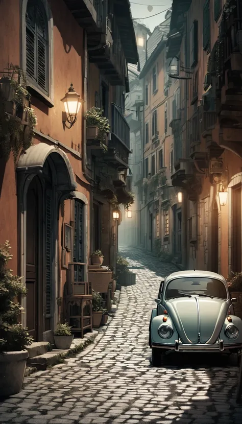 detailed vintage italian village street, classic vintage volkswagen beetle parked, narrow cobblestone road, old colorful houses, laundry hanging between buildings, highly detailed architecture, intricate cobblestone paving, warm inviting lighting, cinemati...