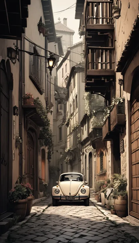 detailed vintage italian village street, classic vintage volkswagen beetle parked, narrow cobblestone road, old colorful houses, laundry hanging between buildings, highly detailed architecture, intricate cobblestone paving, warm inviting lighting, cinemati...