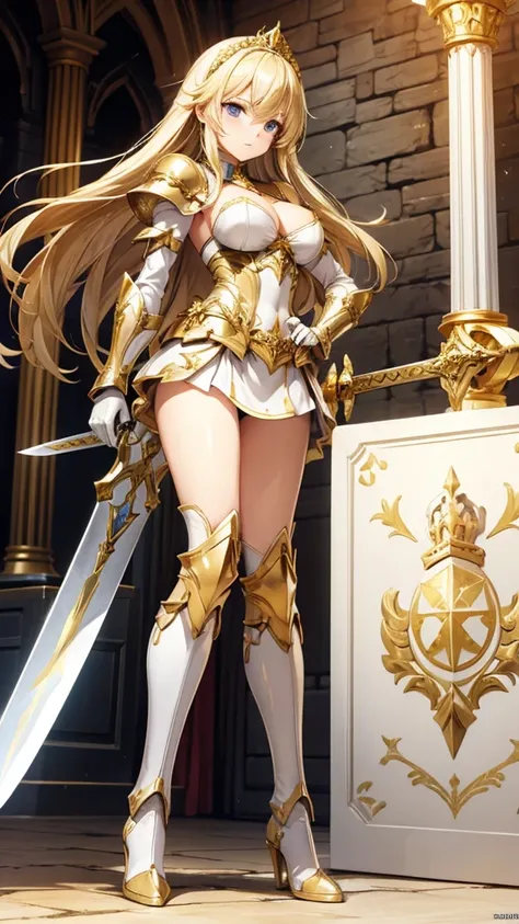 Beautiful blonde girl，gold tiara，White Armor，cleavage，Iron skirt，Bare Legs，Legs Boots，Great sword，castle