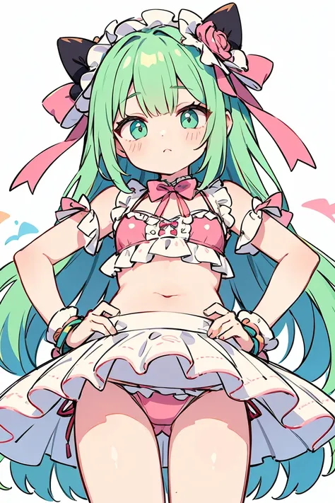 A cute bikini with frills on both the top and bottom, in bright pastel colors like pink and mint green, with small ribbons and buttons on the top