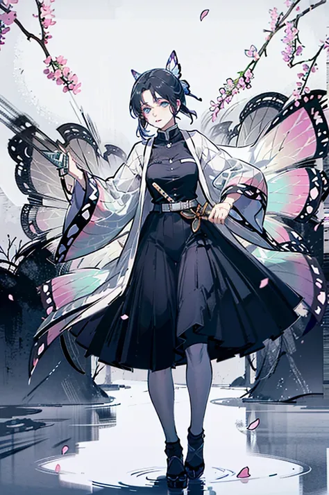 A highly detailed and high-resolution masterpiece by Shinobu Kocho, The beautiful and terrifying dynamic action of the Demon Slayer Corps. Her voyeur had some butterflies., Highlights the exquisite detail of her butterfly-themed outfit and the fierce expre...