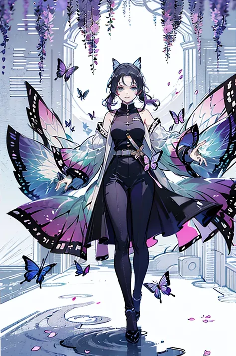 A highly detailed and high-resolution masterpiece by Shinobu Kocho, The beautiful and terrifying dynamic action of the Demon Slayer Corps. Her voyeur had some butterflies., Highlights the exquisite detail of her butterfly-themed outfit and the fierce expre...