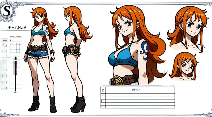 ((Best Quality)), ((Masterpiece)), (((detailed character sheet, frontal view, side view, three quarter view))) white background、one piece、US、whole body、whole bodyイラスト、whole bodyアニメーション、whole bodyリファレンスシート、denim、Tank top、High heels、Swimwear、bikini、original、...