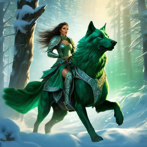 Arafed woman in emerald dress riding a wolf in a snowy forest, airbrush Julie Bell, trends in the CG community, Fantasy art, female warrior, Fantasy woman, красивая female warrior, karol bak uhd, красивая female warrior, woman-warrior, Warrior Princess, fe...