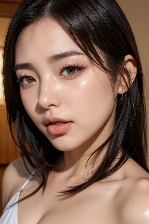 Beautiful and attractive woman in fashion trends,Beautiful Japanese Women,1 Girl、Realistic and detailed eyelashes、Award-winning photo、Very detailed、eye、nose、Focus on the mouth、Close-up with focus on face、口を開けてeyeを閉じた女性、Age 35、Black Hair、しわeye：1.1、Symmetric...