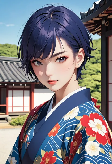 popart,(fashion magazine gravure:1.3),A gravure photo of a samurai from the Edo period, with a model posing in a samurai costume,(16yo,detailed face,summer,BREAK.(darkblue wavy-short hair),parallel eyebrows),(masterpiece, best quality:1.1),