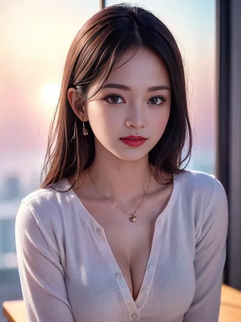 (8K, RAW Photos, Realistic: 1.25), (Lip gloss, eyelash, Shining Face, Shiny skin, Highest quality, Ultra-high resolution, Depth of written boundary, chromatic aberration, Caustics, Wide range of lighting, Natural Shading, K-Pop Idols) She gazes upon the vi...