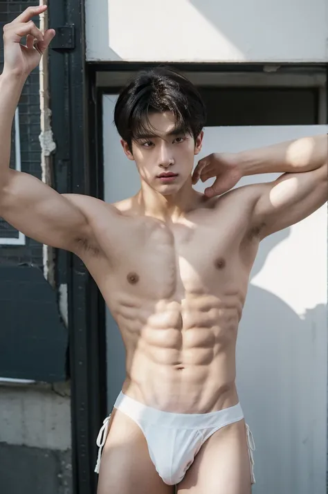 Eine hyperrealistische, 20 year old boy, dark hair, Dark eyebrows, show abs, topless , shirtless, Athletic Body, big bulge, Bang Hair, Serious male, thoughtful, observer, wearing white thong, jockstrap, sunlight, summer, on the Street, straddle