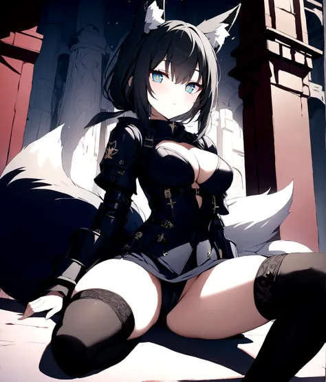 (1girl, Masterpiece, best quality) (detailed and beautiful eyes:1.6) (perfect hands, perfect anatomy) (full body)) (Mature) (Adult) Fox-girl Misaki has ((short black hair)), (Fox-ears). (She wears a black fantasy, medieval adventurer armor with additional ...