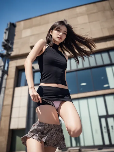 (Shooting from the side:1.2),Korean women, 30 years old、Married women、beauty、Full Shot、On the way to work、Realistic sized eyes, A shy smile, Looking for somewhere、Realistic Skin, Dark Downtime, Office building in the background, (((Due to strong winds, My ...